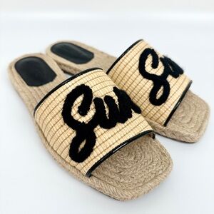 SCHUTZ Natural and Black Raffia Slide Sandals